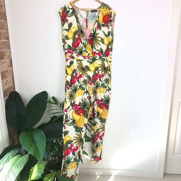 Revival Yellow Fruit Punch Jumpsuit Size 12 Sleeveless V Neck Pantsuit Pineapple - Picture 2 of 10